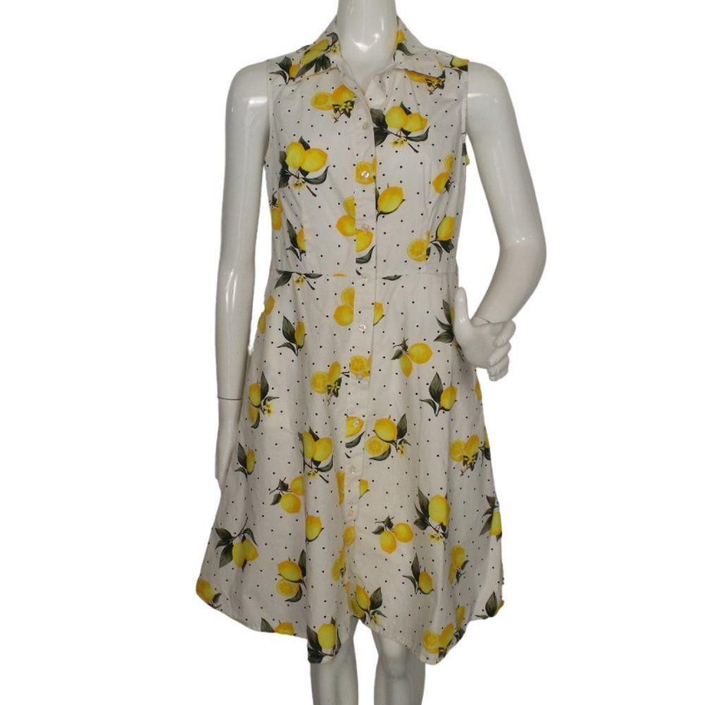 CHLOE + RENE Lemon Shirt Dress, S, White/Yellow, Sleeveless, Buttons, Collar